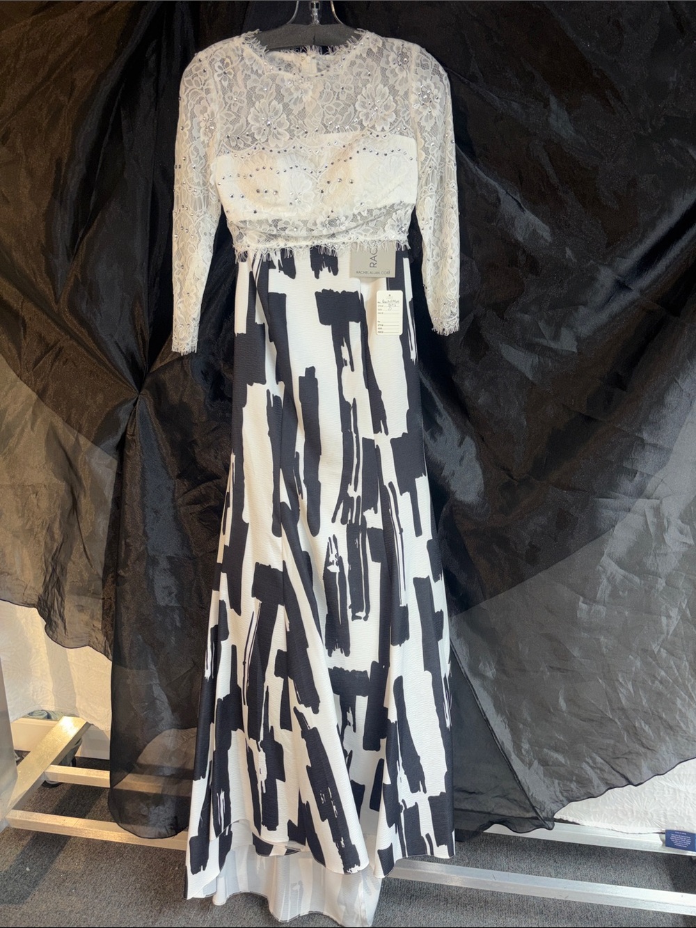 Rachel Allan 8072 Black and White Two-Piece Lace Bodice Evening Gown